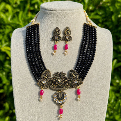 Black beaded necklace set worn with ethnic attire