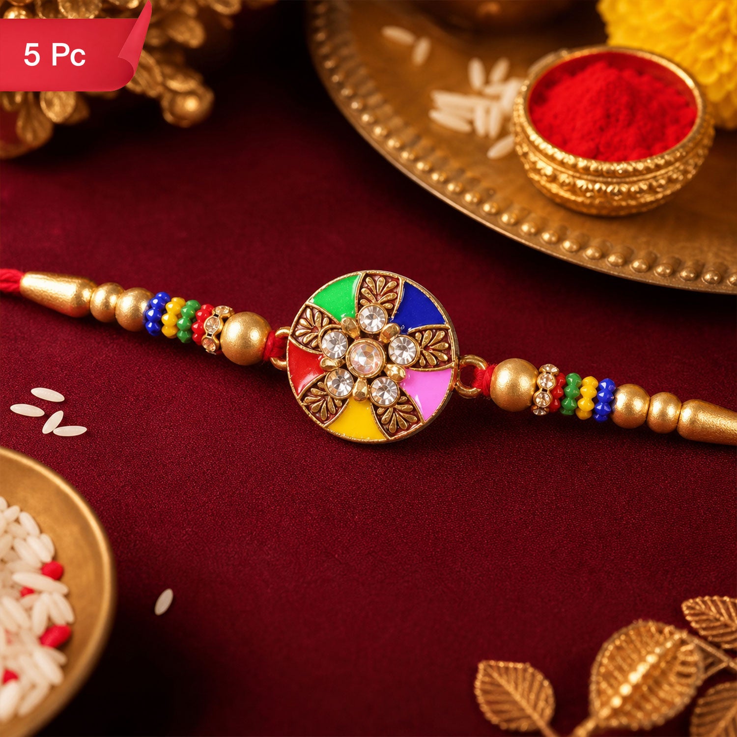 Multicolor Designer Rakhi Floral Embellished Beaded Thread (5pcs)