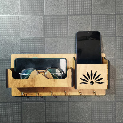Wooden Wall Mounted Key Holder with Shelf for Mobile, Glasses and Keys