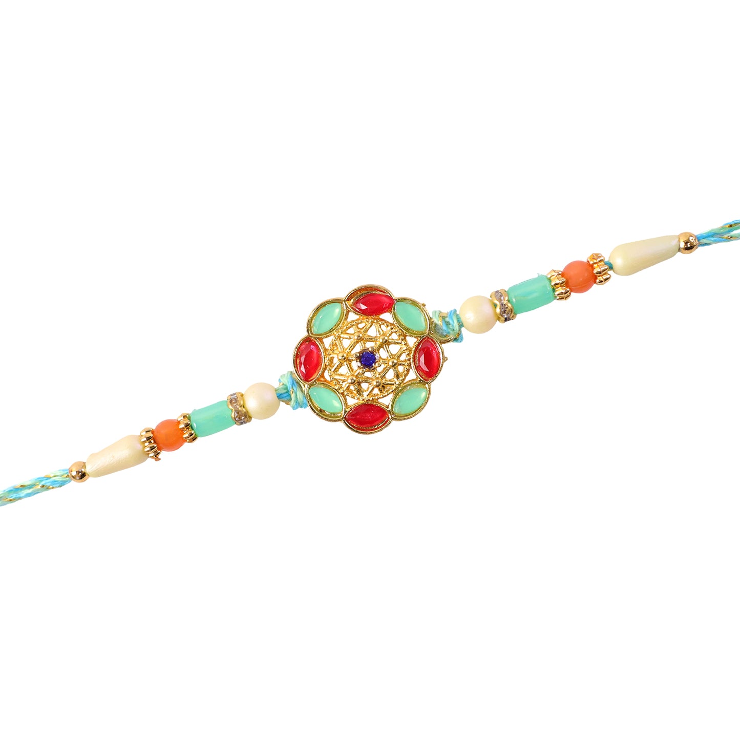 Round Floral Kundan Medallion Rakhi with Multicolor Beads