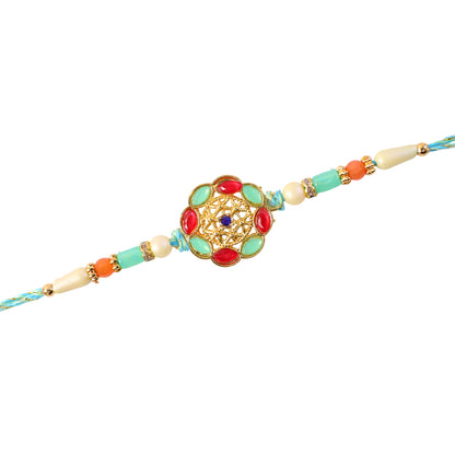 Round Floral Kundan Medallion Rakhi with Multicolor Beads
