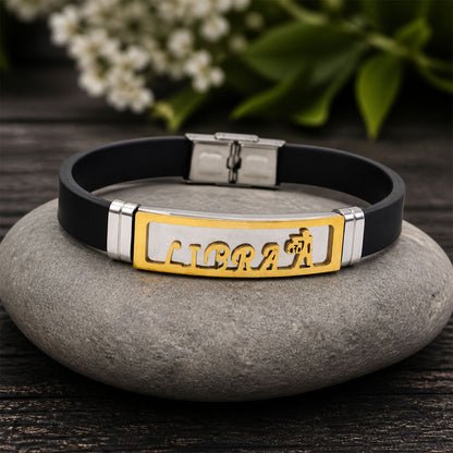 Libra Bracelet Rakhi with Black Band and Gold Zodiac Plate for Raksha Bandhan Gift