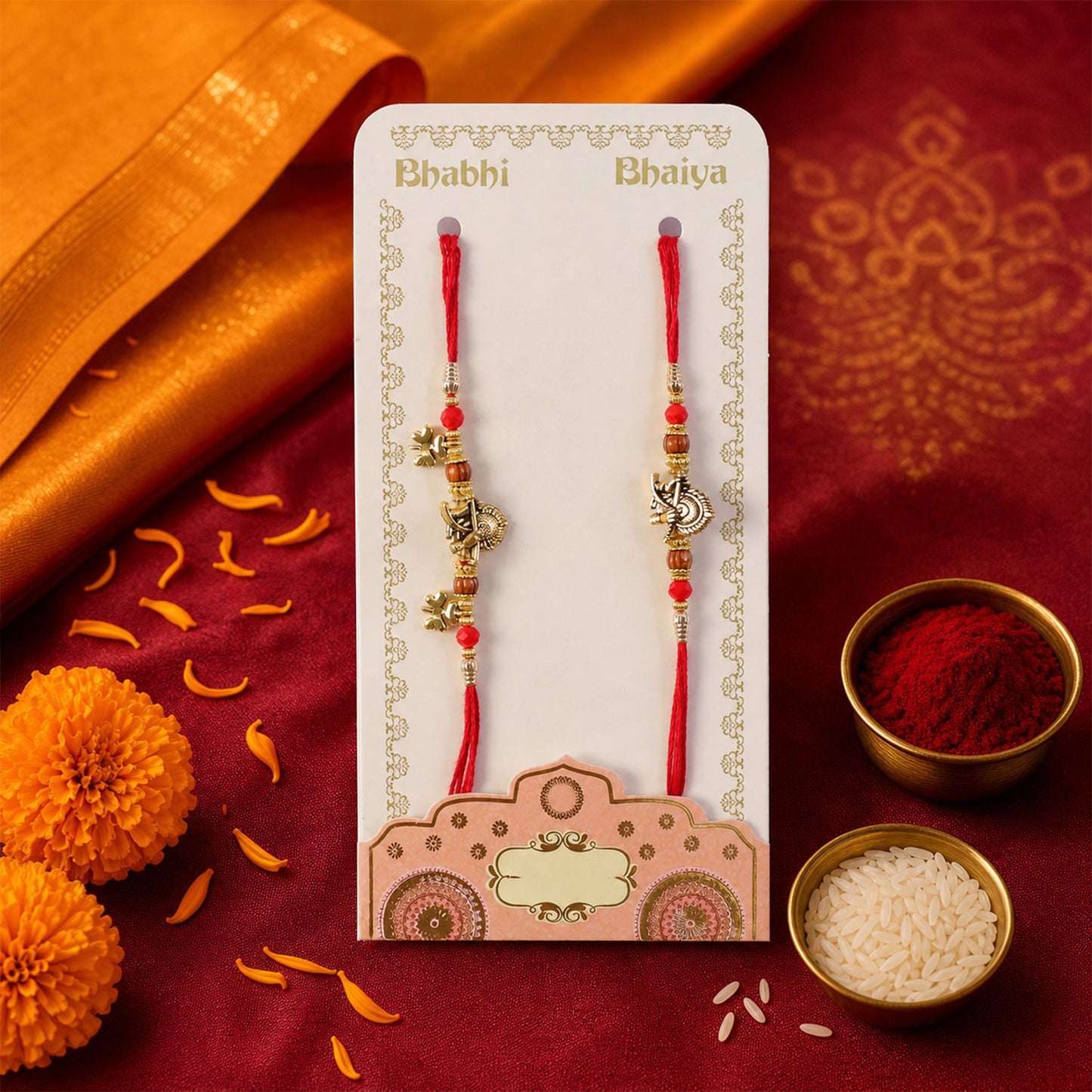 Flute and Peacock Feather Motif Bhai Bhabhi Rakhi with Red Beads & Butterfly Charms