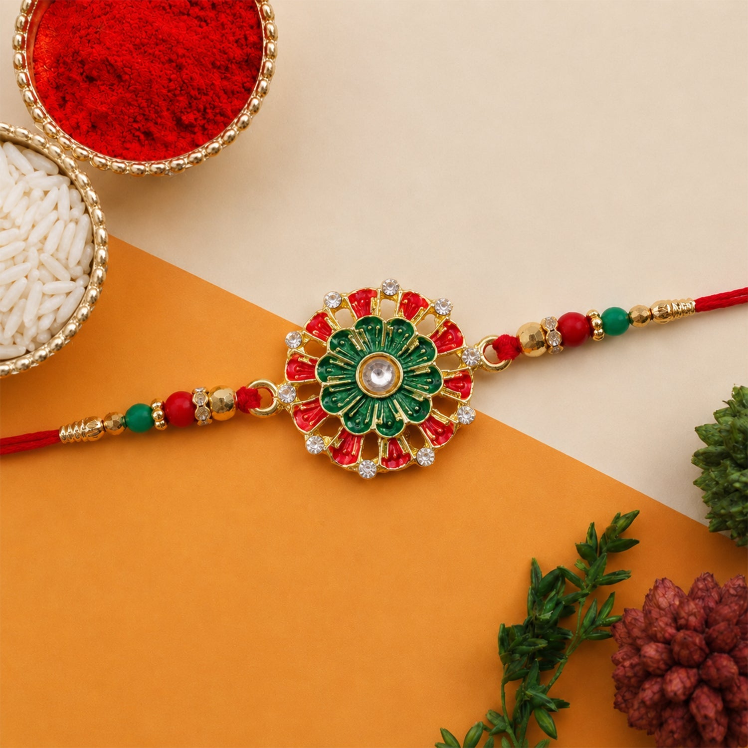 Traditional Rakhi Floral Centerpiece Red Green Beads (10pcs)