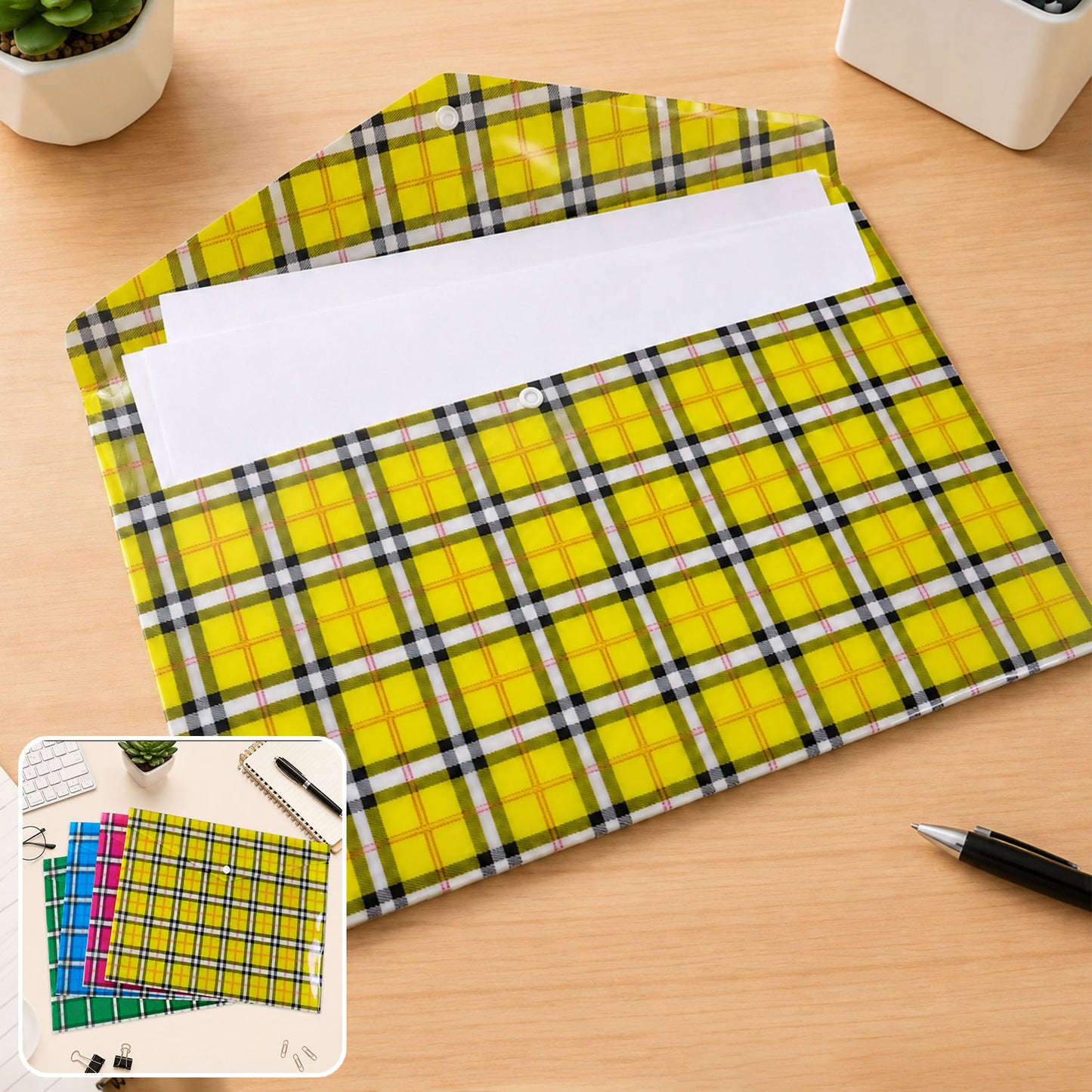 Check Print Document Bag Envelope File Folder with Snap Button for A4 Papers (1 Pc, Mix Colour)