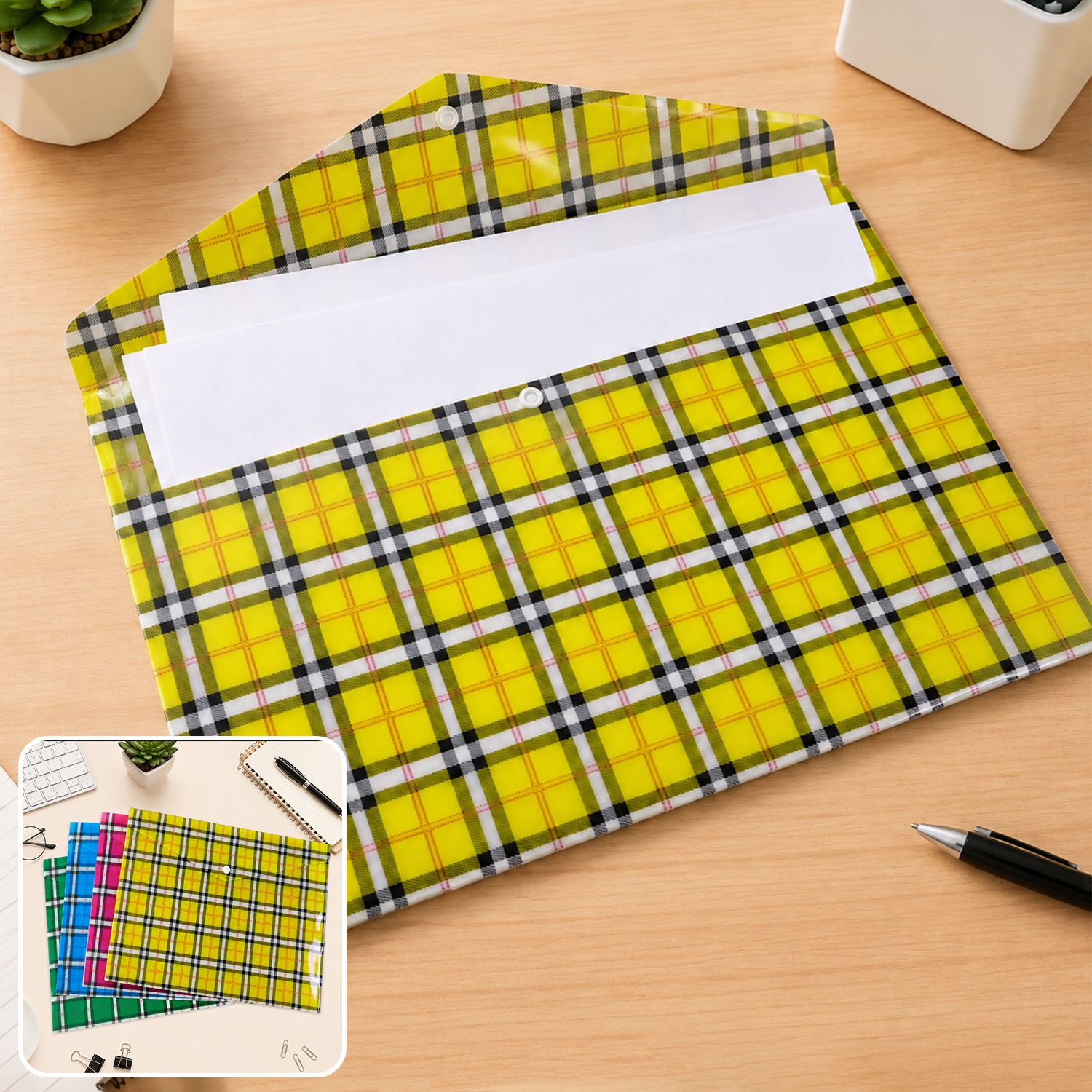 Check Print Document Bag Envelope File Folder with Snap Button for A4 Papers (1 Pc, Mix Colour)