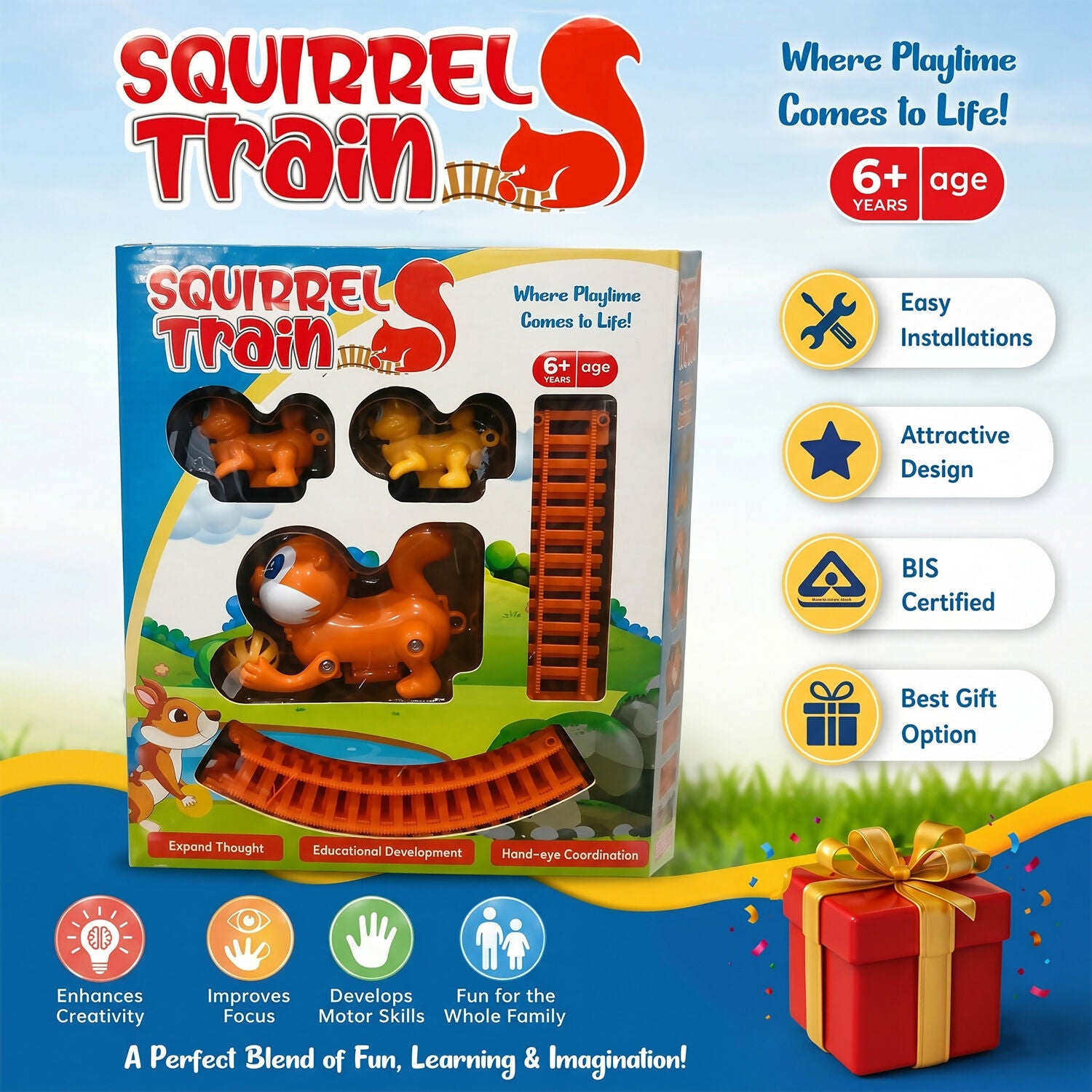Close up of squirrel train engine on colorful track