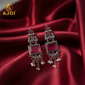 Antique Silver Earrings – Pink Square Beads & Pearl Drops