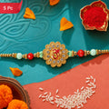 Om Floral Kundan Rakhi with Pearl Beads and Traditional Motif Design (5pcs)
