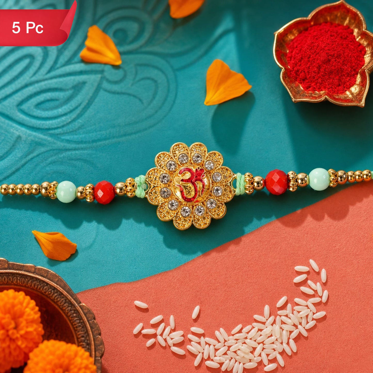 Om Floral Kundan Rakhi with Pearl Beads and Traditional Motif Design (5pcs)