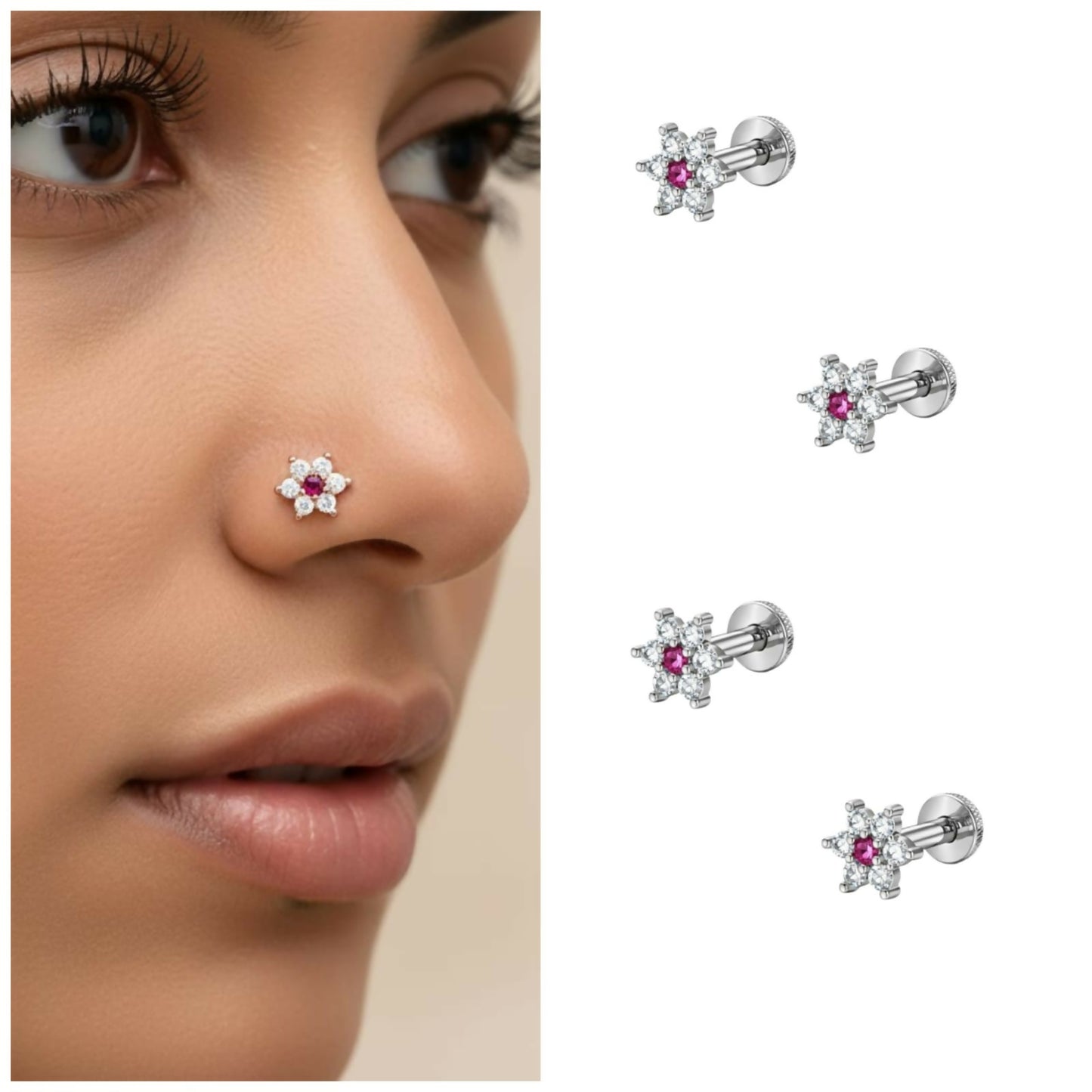 Silver plated pink crystal flower nosepin stud showing front view with vibrant pink centre crystal