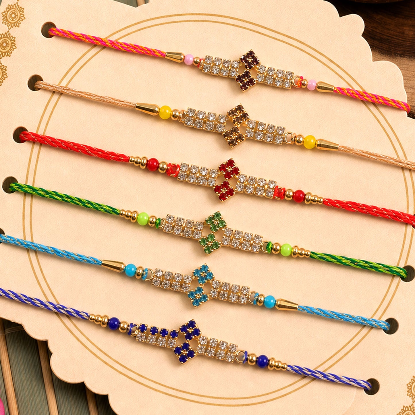 Floral Motif Long Bar Rakhi for Raksha Bandhan (Pack of 6)