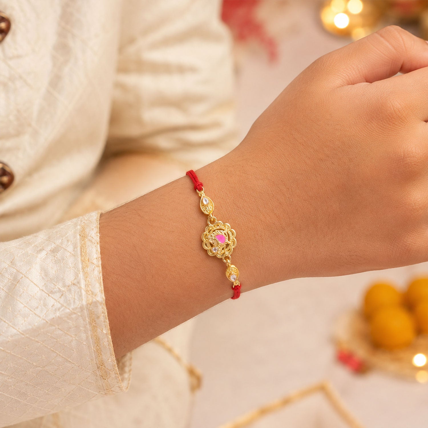 Premium Rakhi with Floral Medallion, crystal accents and gift style for Gift Styling