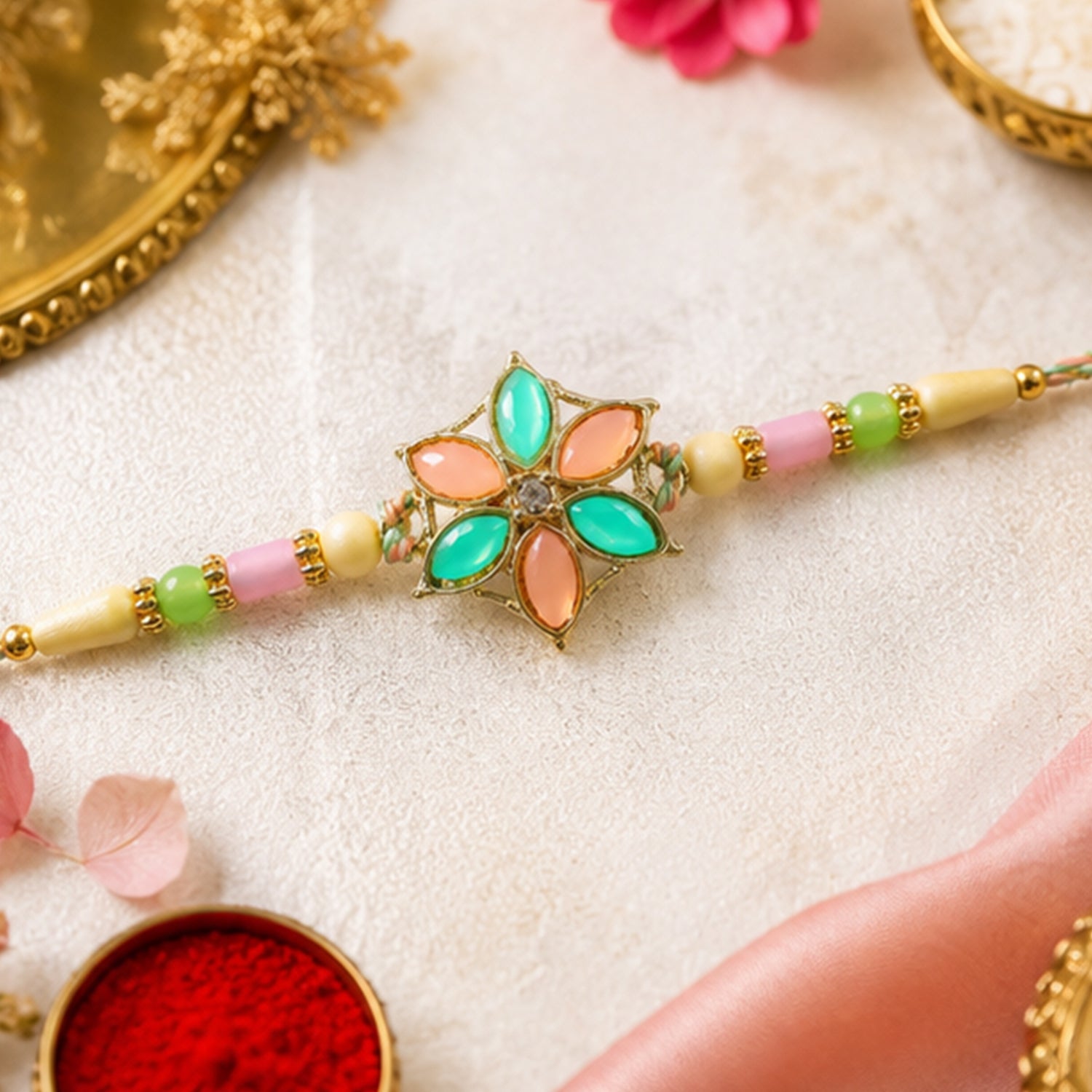 Multicolor Floral Enamel Pendant Rakhi with Pastel Beads