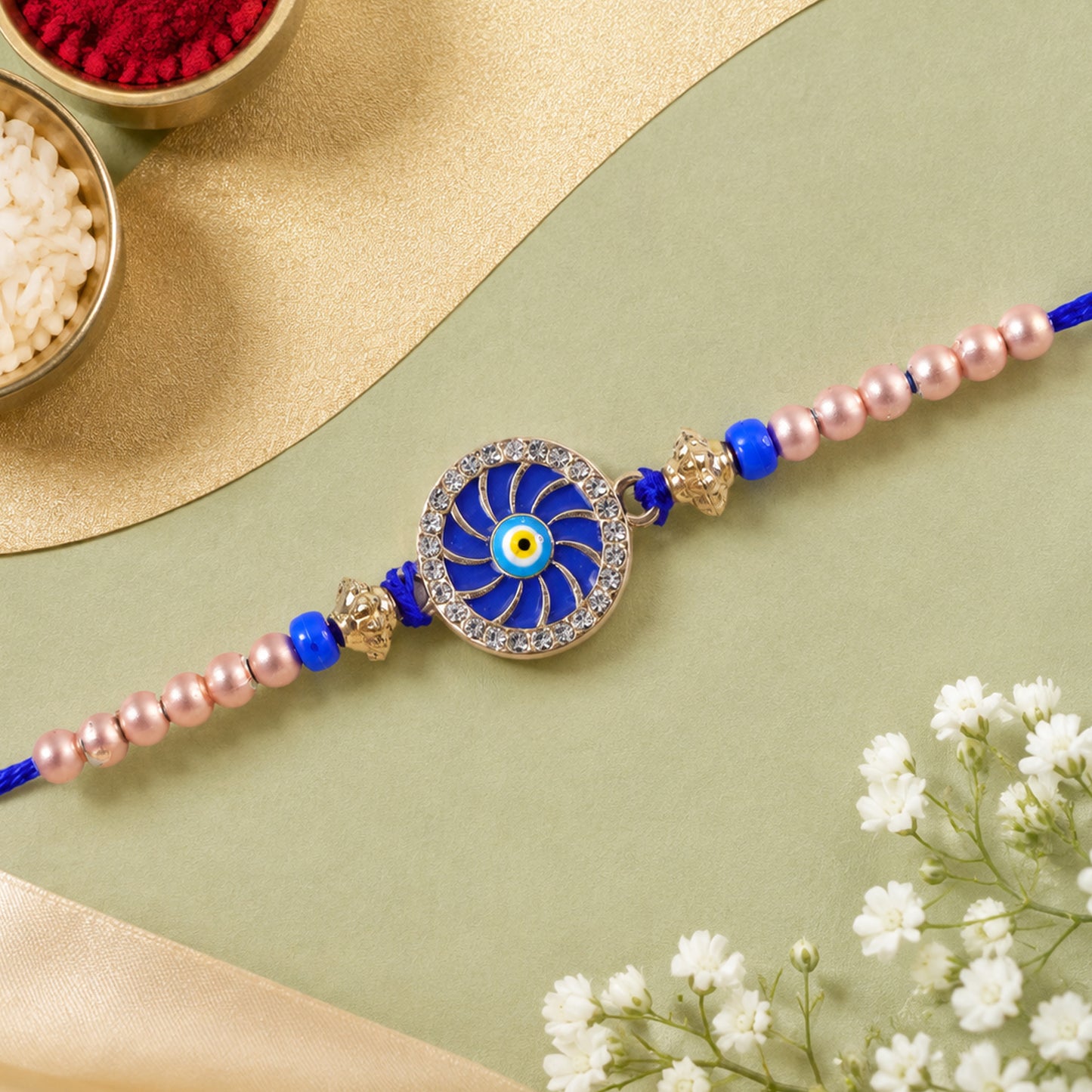 Swirl Enamel Nazar Evil Eye Studded Stylish Beads Designer Rakhi