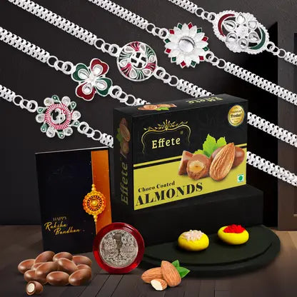 Rakhi Gift Set of 5 for Brother – Designer Rakhi Combo with Choco-Coated Almonds, Silver Coin, Roli Chawal & Greeting Card