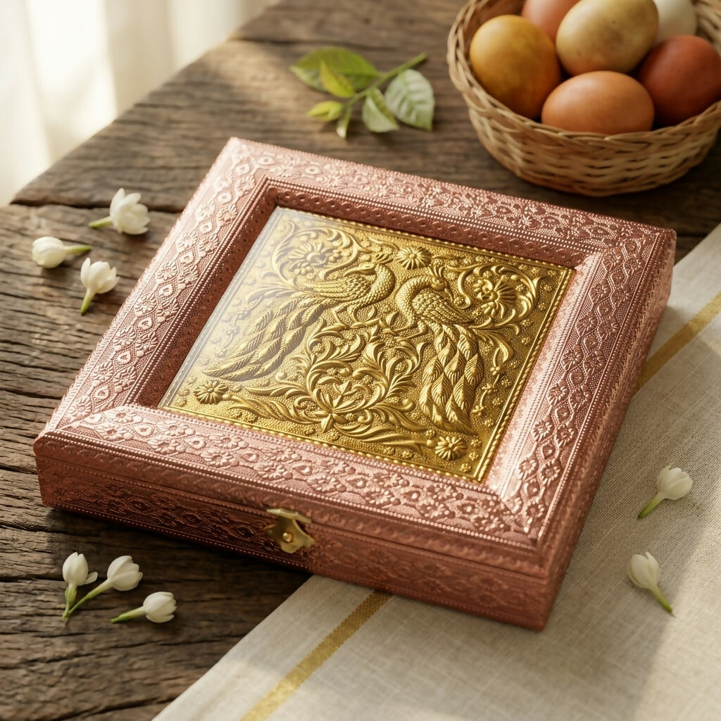 Detailed embossed peacock design on decorative dry fruit box