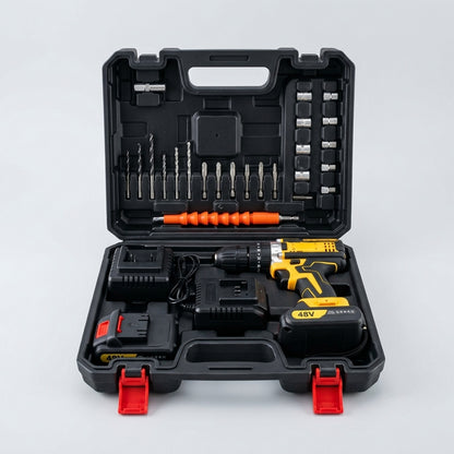 An open black plastic carry case displays a yellow and black cordless drill, batteries, charger, and multiple bits.