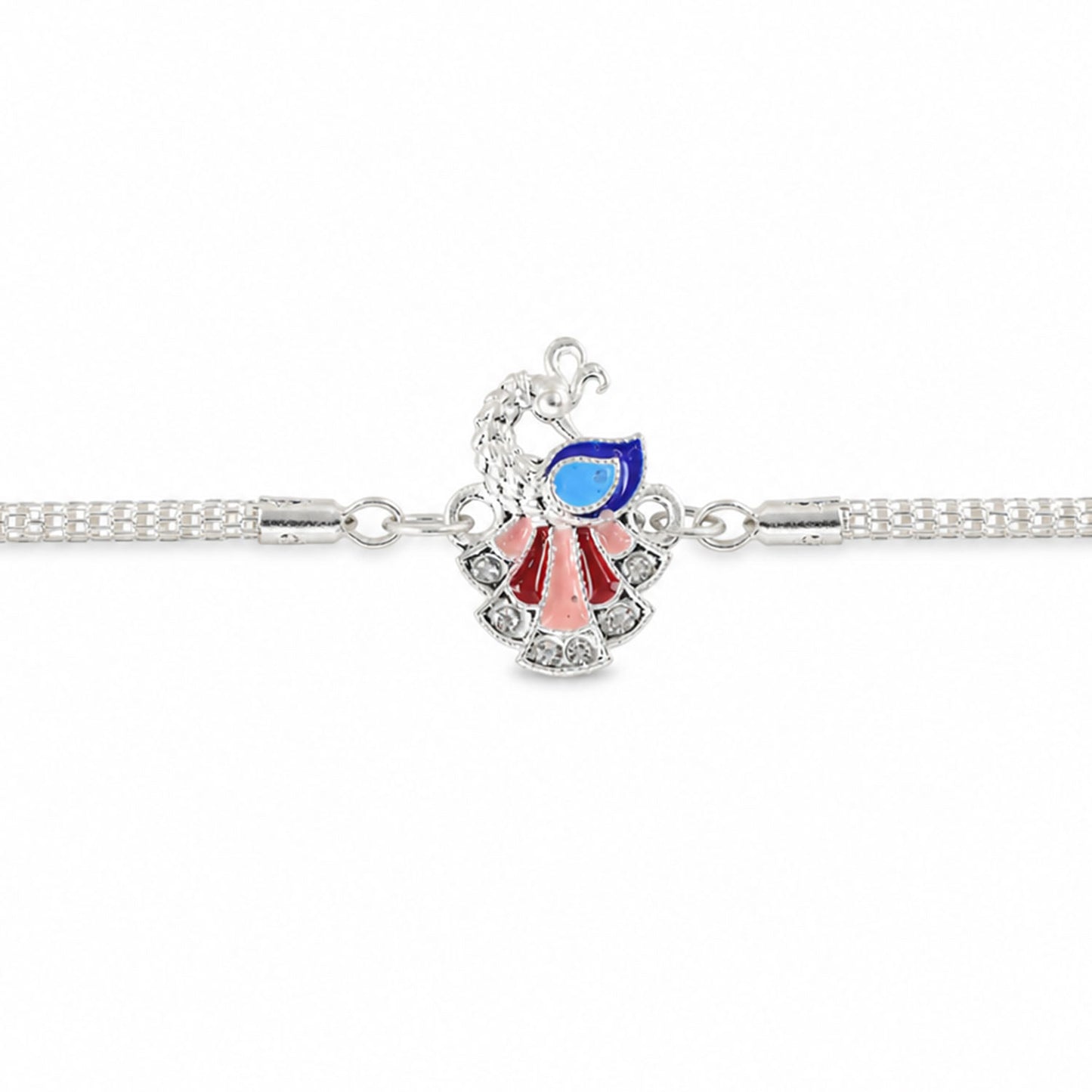 Stylish Peacock Enamel Crystal Studded Silver Chain Designer Rakhi
