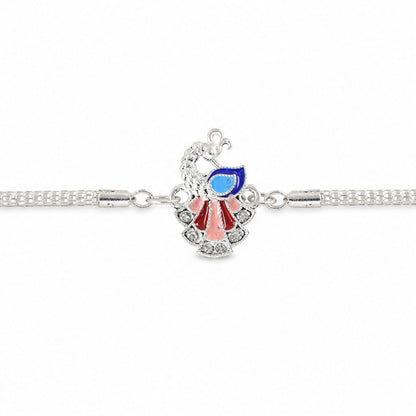 Stylish Peacock Enamel Crystal Studded Silver Chain Designer Rakhi