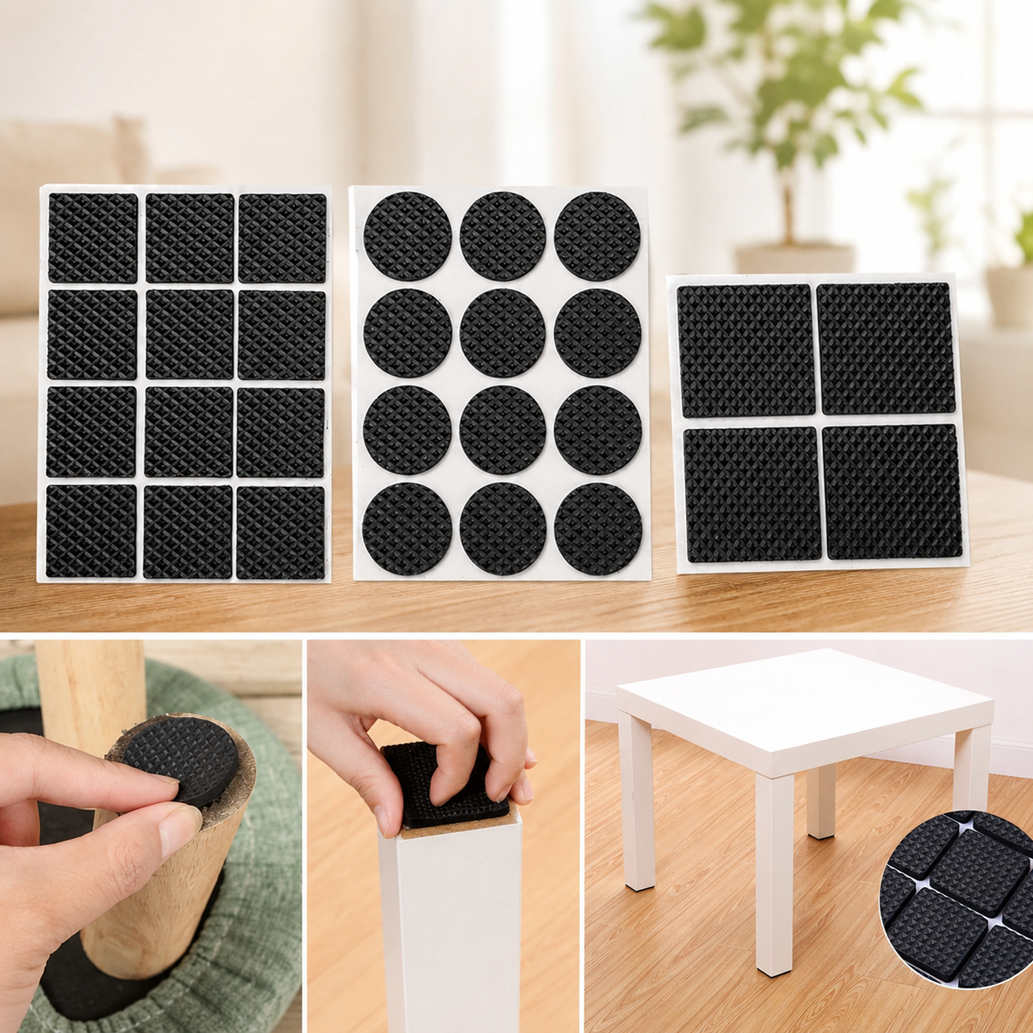 Three sheets of black self-adhesive furniture pads in square and circular shapes on a wooden table.