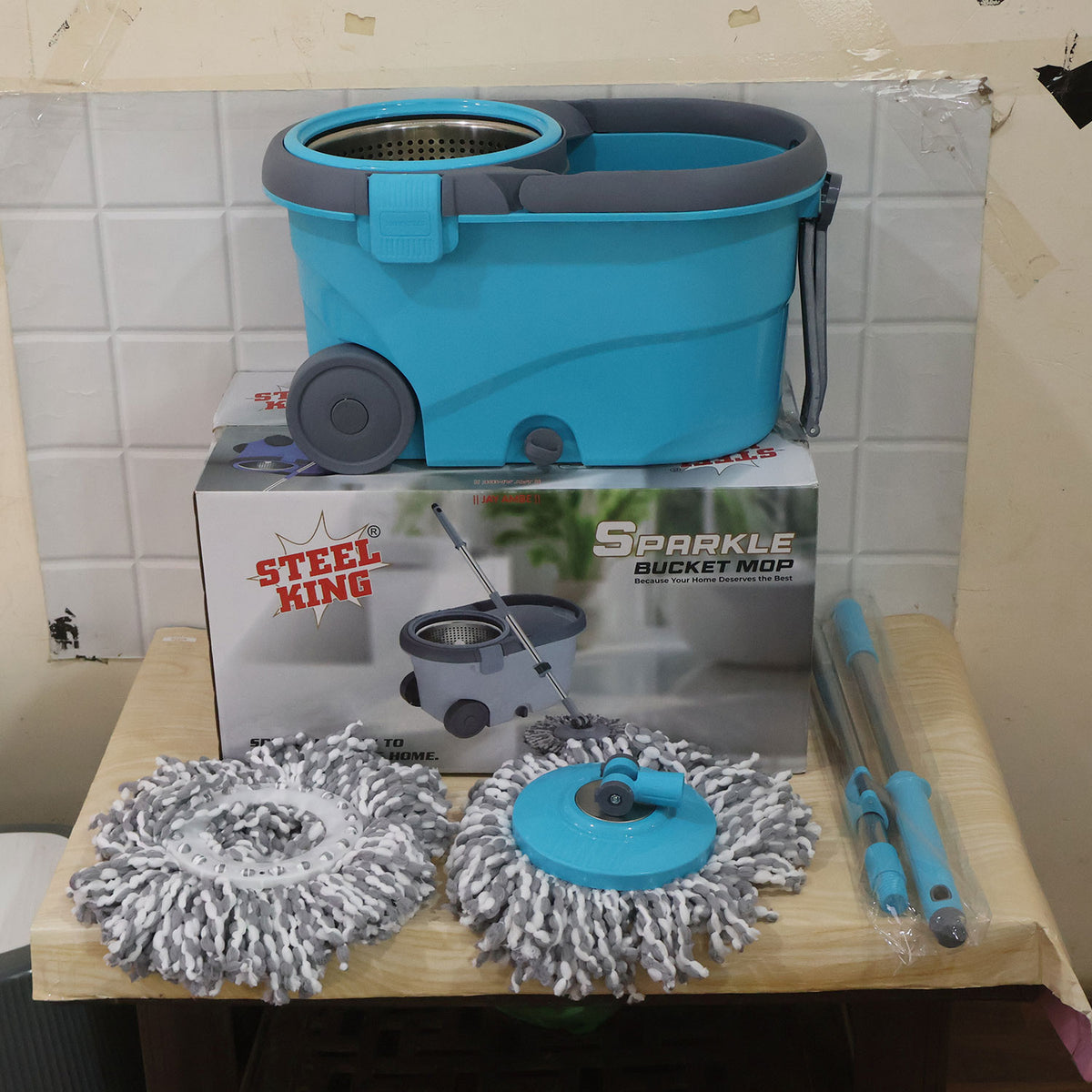 Spin Mop Bucket Set with Steel Wringer, Wheels and 2 Microfiber Refills
