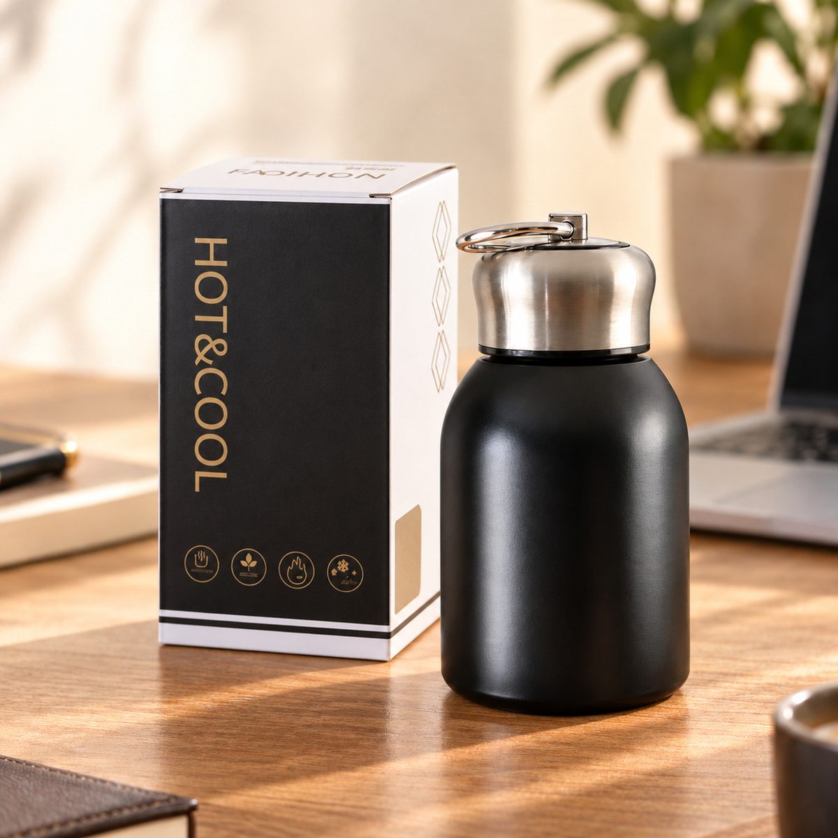 A black vacuum bottle with a silver cap and carry ring is displayed next to its branded box on a wooden office desk.