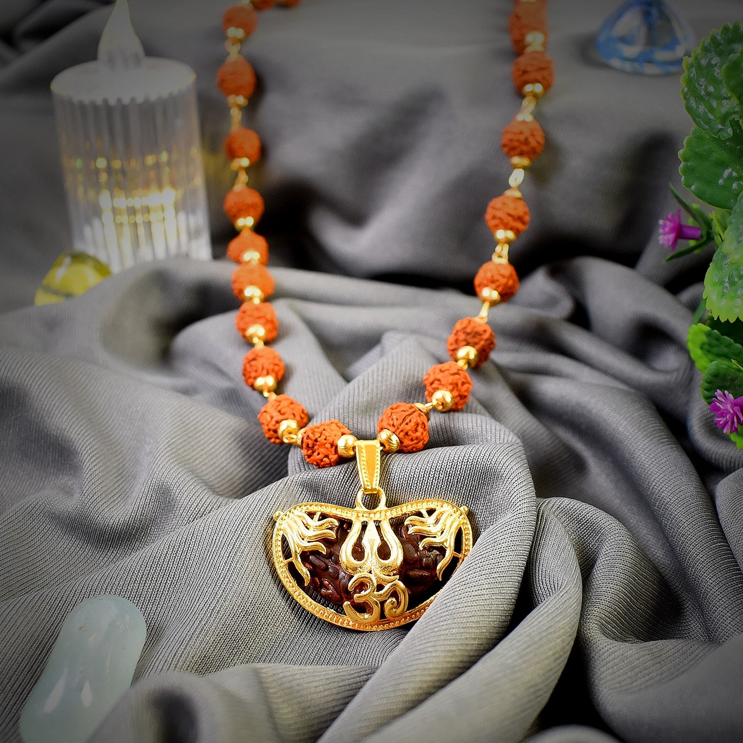 Om Pendant with Rudraksha and Trishul: Divine Protection and Blessings