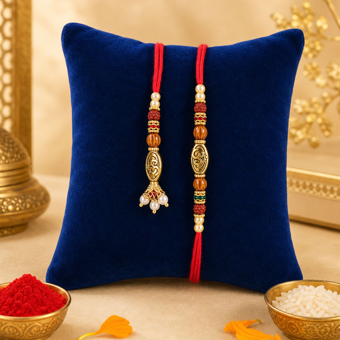 Beaded Minimal Design Bhai Bhabhi Rakhi with Bead Strands and Round Charm for Gift