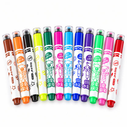 Dual End Colour Sketch Marker Pens with Stamp Designs and Case (12 Pc)
