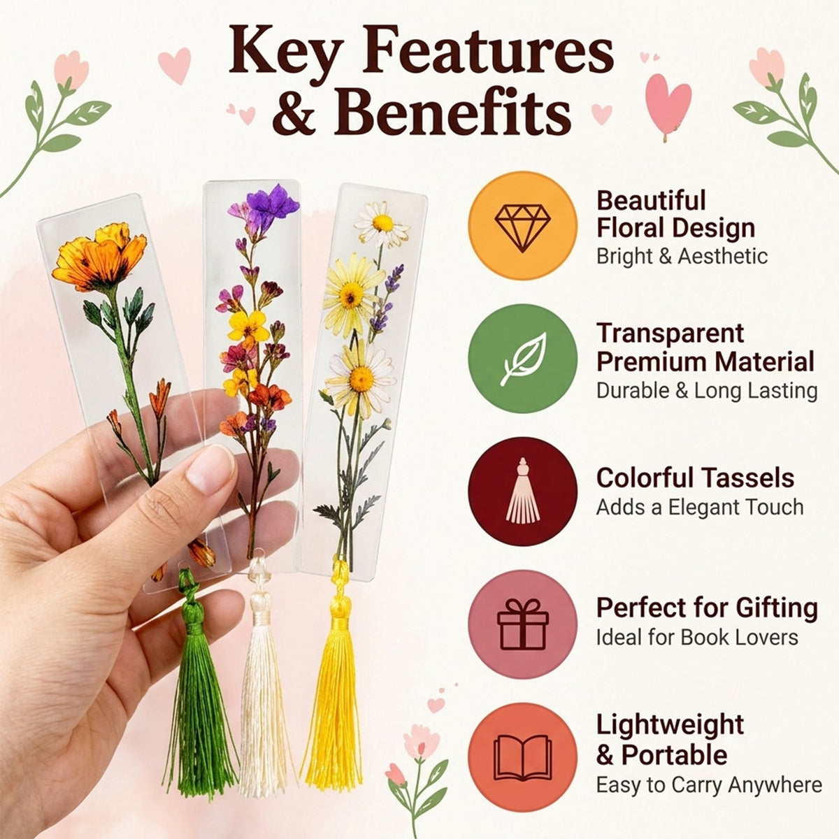 A hand holds three transparent bookmarks with different floral designs and colorful tassels, with feature icons.