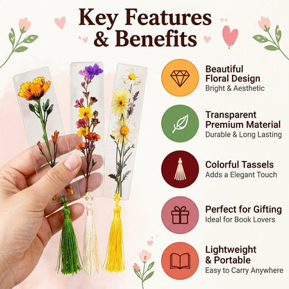 A hand holds three transparent bookmarks with different floral designs and colorful tassels, with feature icons.