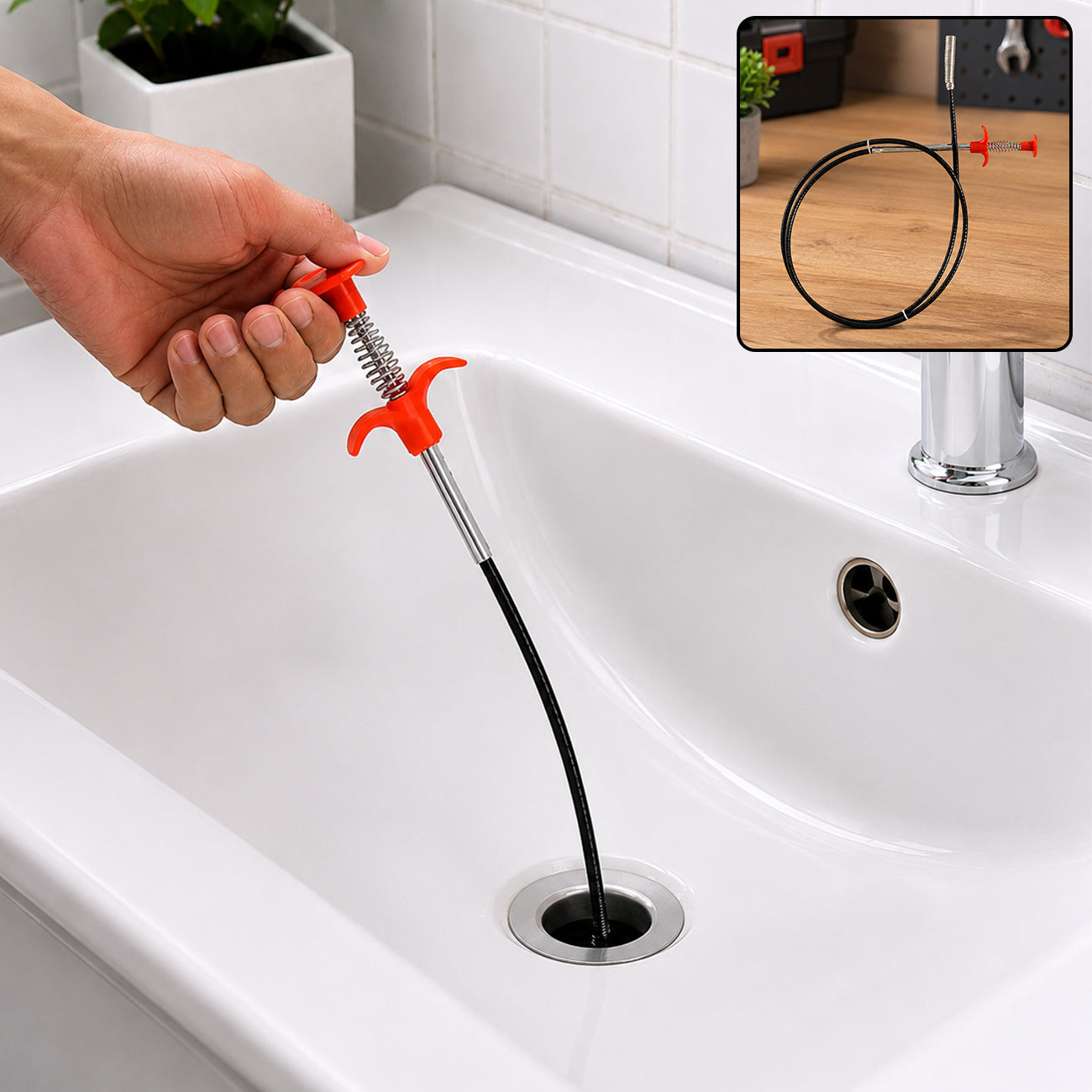 A hand holding the red handle of a drain cleaning tool, with its black flexible shaft inserted into a white sink drain.