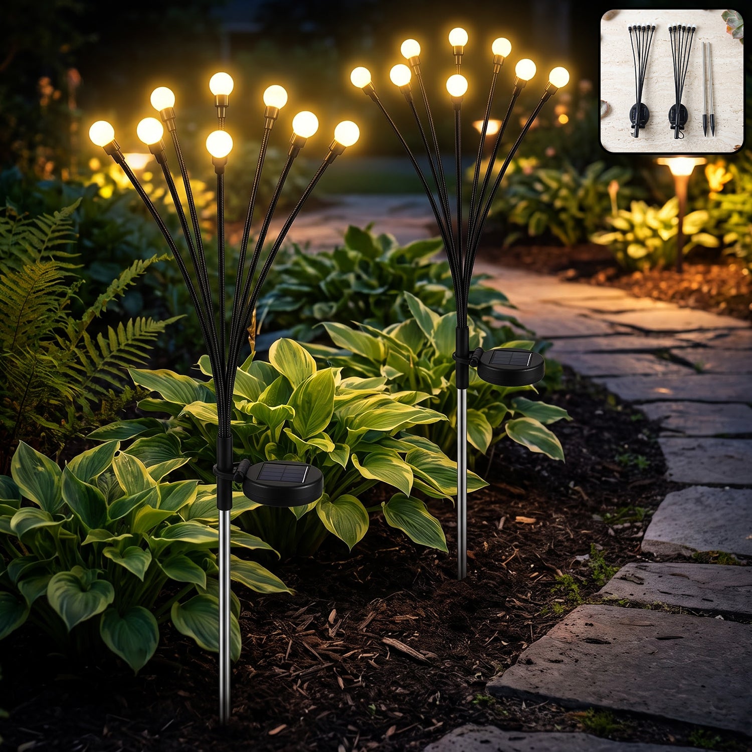 Two solar firefly garden lights glowing outdoors