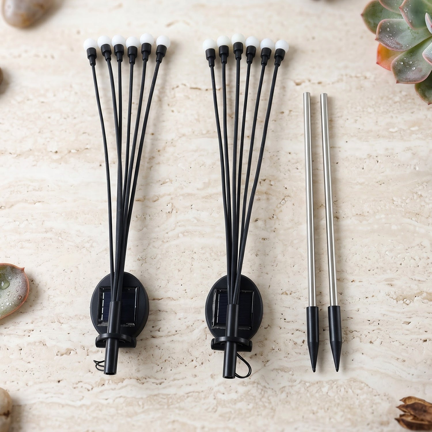 Two piece solar firefly light set with ground stakes