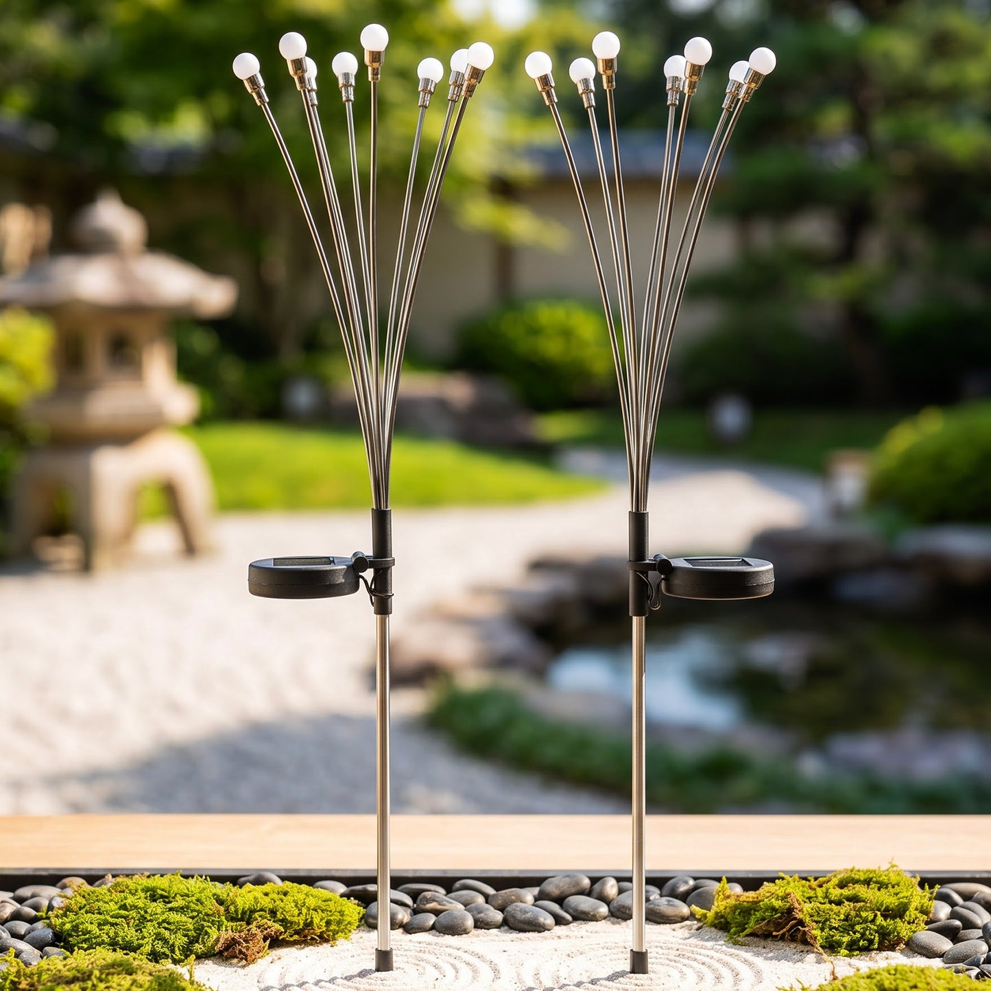 Pair of decorative solar garden lights in daylight