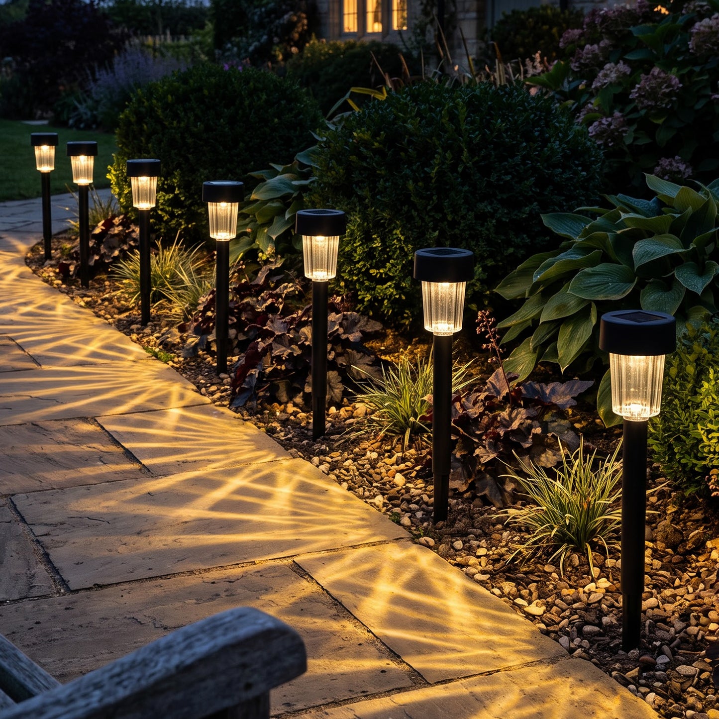 Solar garden stake lights illuminating a pathway