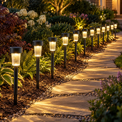 Twelve solar LED pathway garden stake lights illuminating an outdoor lawn