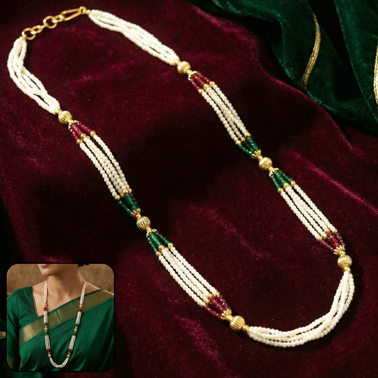 Traditional Multi-Layer Pearl Beaded Necklace with Red, Green & Gold Accent Detailing
