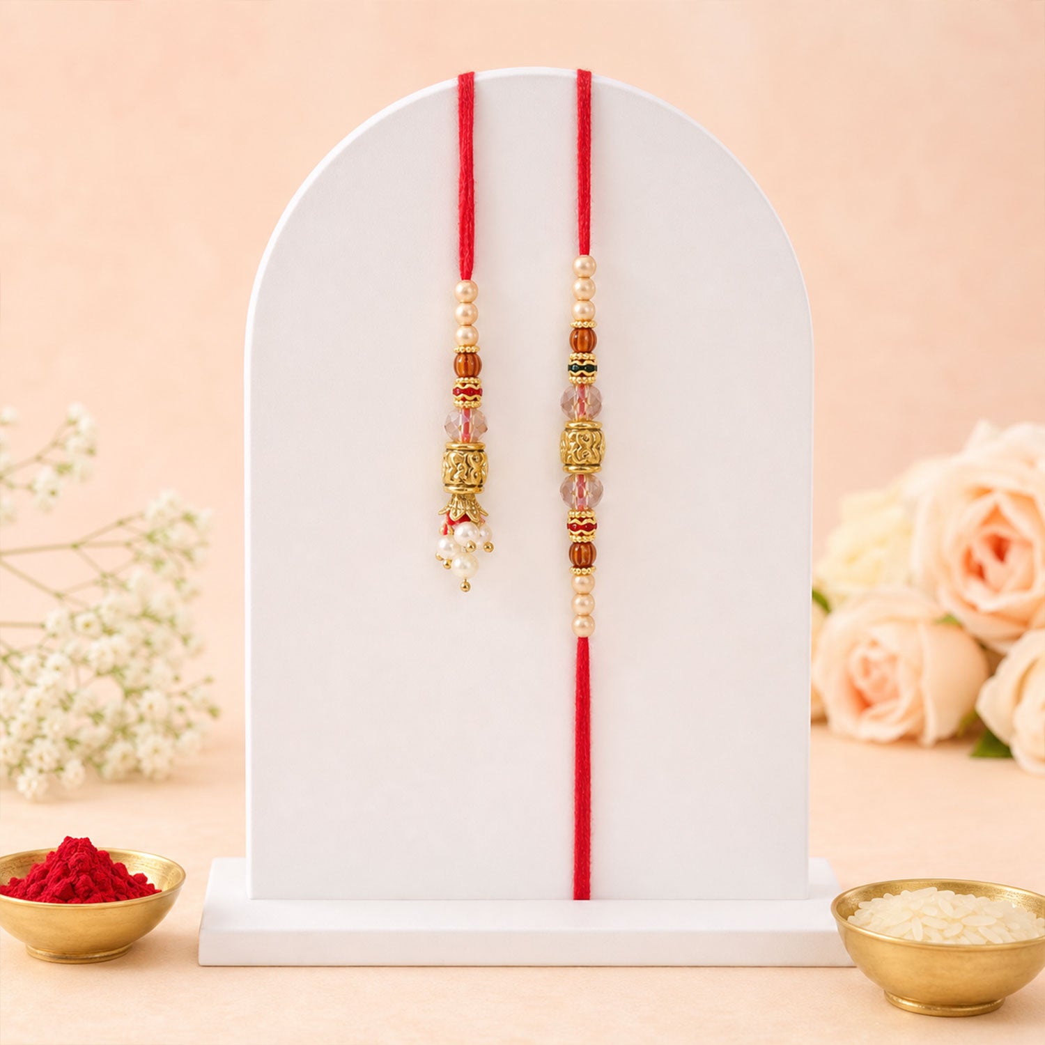 Antique Filigree Cube Charm Bhai Bhabhi Rakhi with Crystal Beads and Pearl Drops