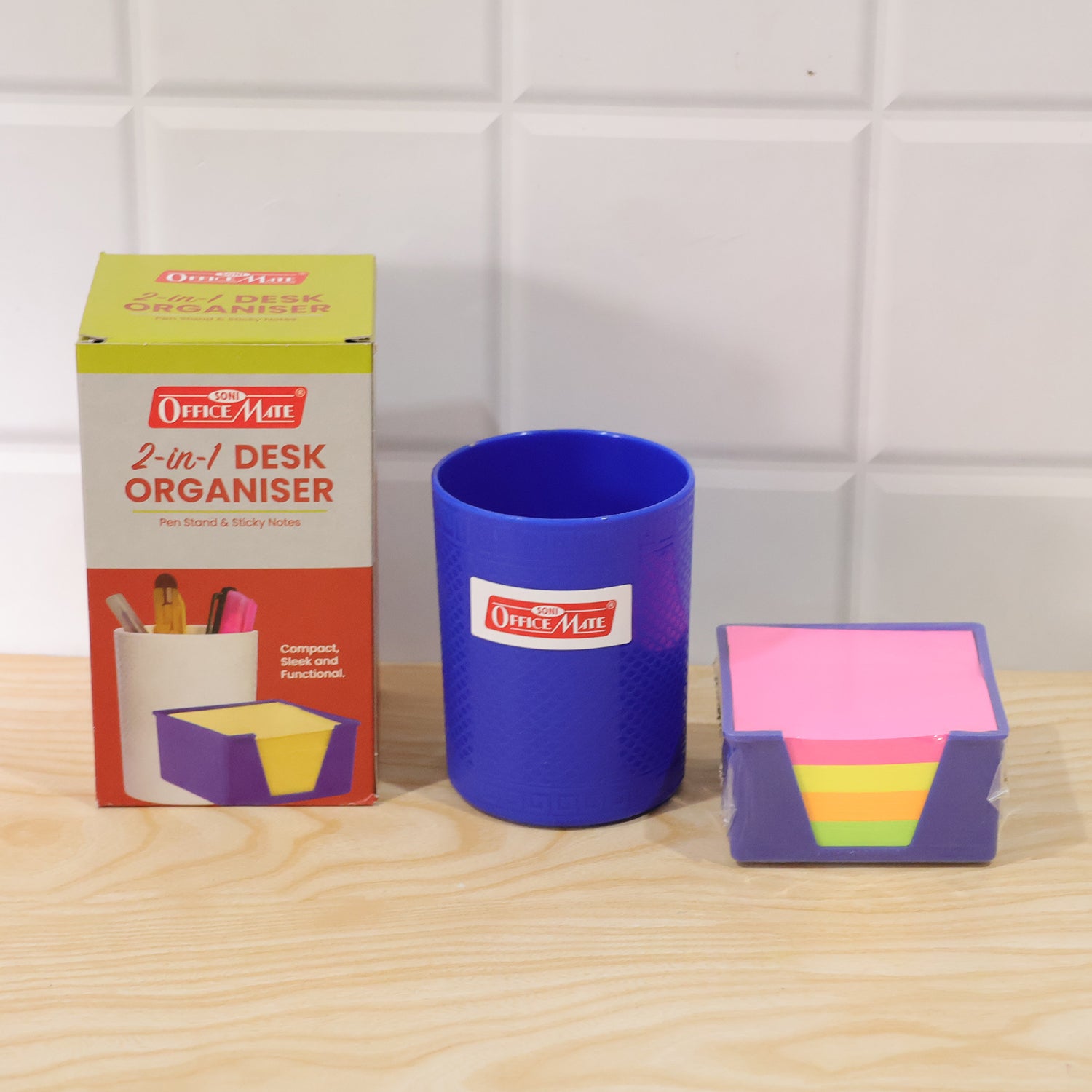 2-in-1 Desk Organiser with Pen Holder & Color Sticky Notes for Office and Study
