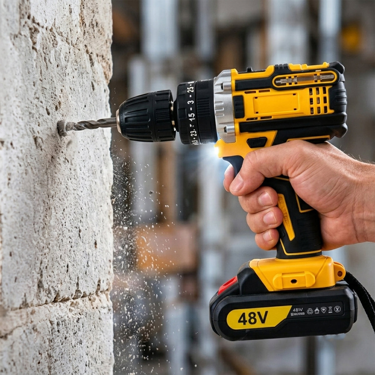 A person's hand holds a yellow and black cordless drill, boring into a concrete wall with dust flying.