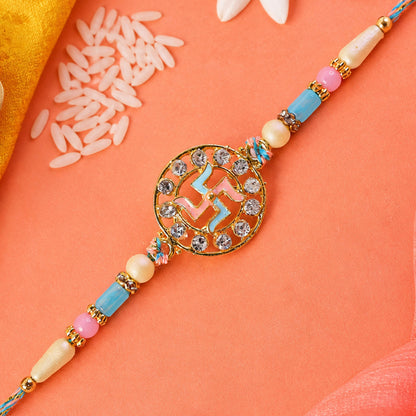 Divine Rakhi showcasing Swastik Circle Plaque, gold trims and chain look for Gift Use