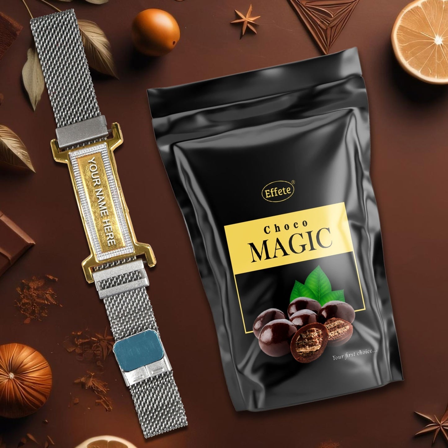 A personalized bracelet gift set with a custom engraved bracelet and gourmet chocolates, perfect for special occasions.