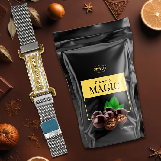 A personalized bracelet gift set with a custom engraved bracelet and gourmet chocolates, perfect for special occasions.