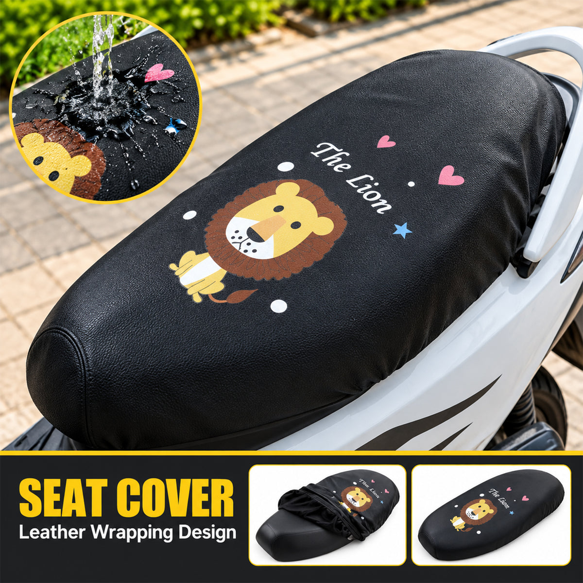 Scooter Seat Cover with Cartoon Lion Print and Elastic Fitting Edge (1 Pc)