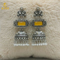 Oxidized Silver Jhumka Earrings – Traditional Yellow Stone & Pearls