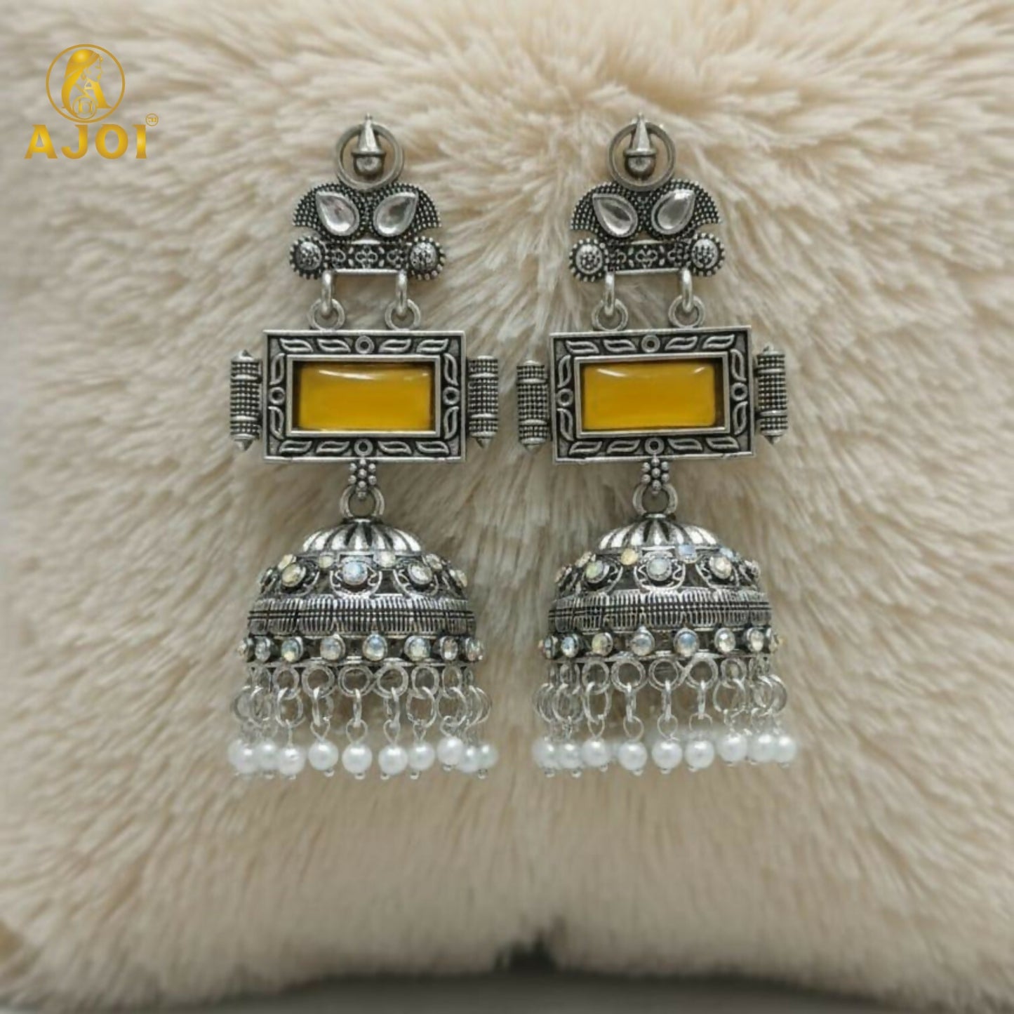Traditional Oxidized Silver Jhumka Earrings with Yellow Stone & Pearl Hanging.