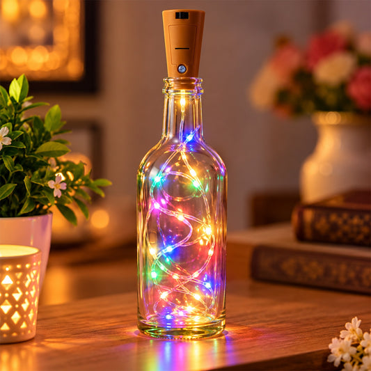A clear glass bottle with a cork-shaped battery pack illuminates with colorful LED string lights.