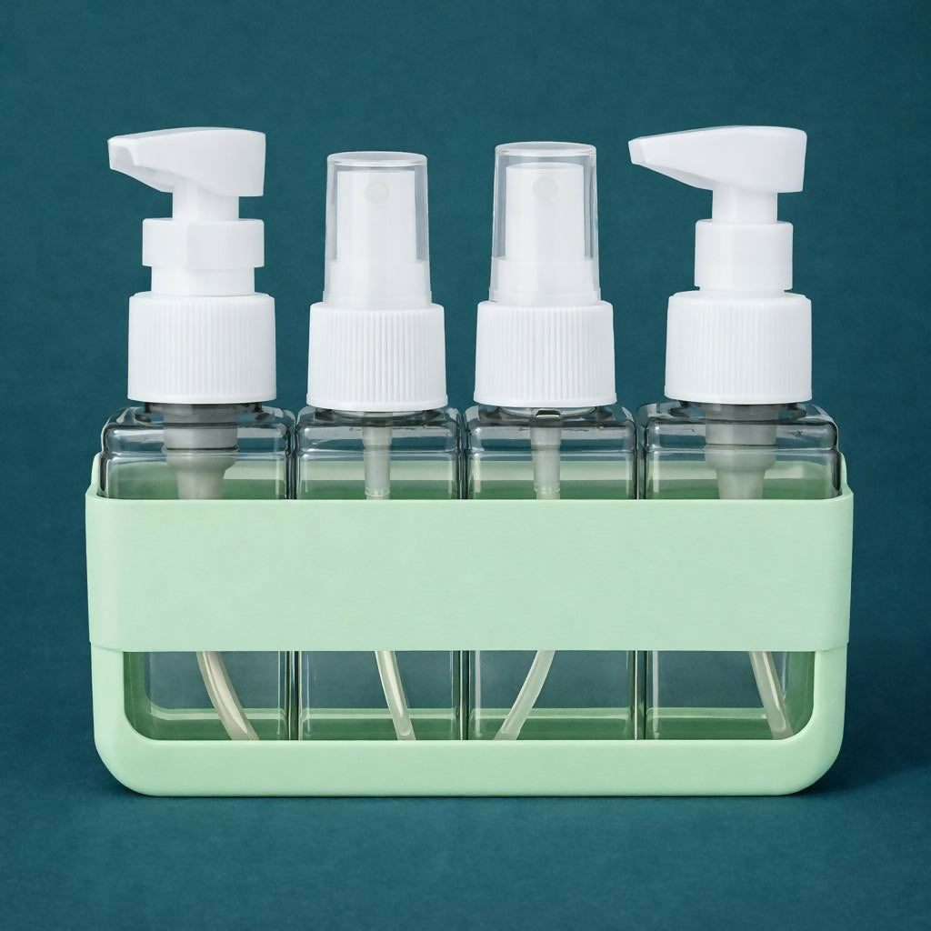 Green Travel Refillable Bottle Set with Storage Case and Dispenser Kit